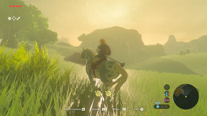 A screenshot from The Legend of Zelda: Breath of the Wild, showing Link riding a horse against the light of the sun coming over the hills