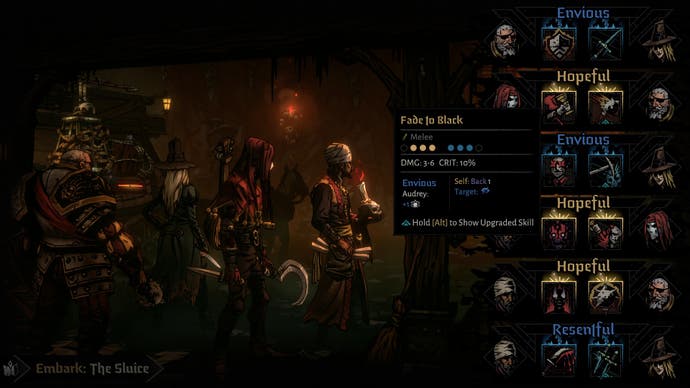 A screenshot of Red Hook's Darkest Dungeon 2, showing a set of character relationships before the start of a journey.