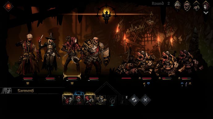 A screenshot of Red Hook's Darkest Dungeon 2, showing a battle with pigmen in the Sluice area.