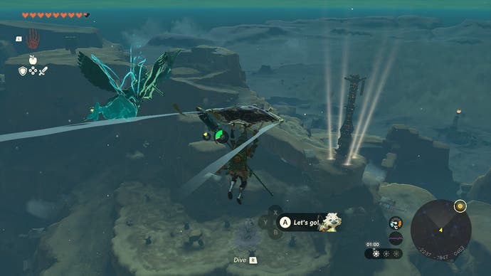 Link gliding to a Skyview Tower in The Legend of Zelda: Tears of the Kingdom, with one of his new companions flying alongside.
