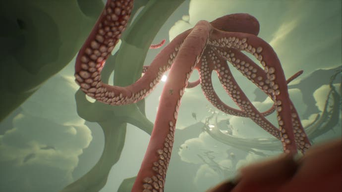 A screenshot from Chasing the Unseen, showing the player climbing on a huge flying octopus.