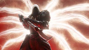 A hooded angel in Diablo 4, with gleaming wings, thrusts a glaive weapon towards the camera