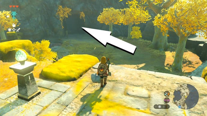 Image taken from The Legend of Zelda: Tears of the Kingdom with an arrow pointing at the Pondside Cave, which is where players will find the Archaic Tunic.