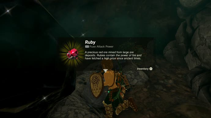 Image taken from The Legend of Zelda: Tears of the Kingdom showing the in-game description of the Ruby resource.