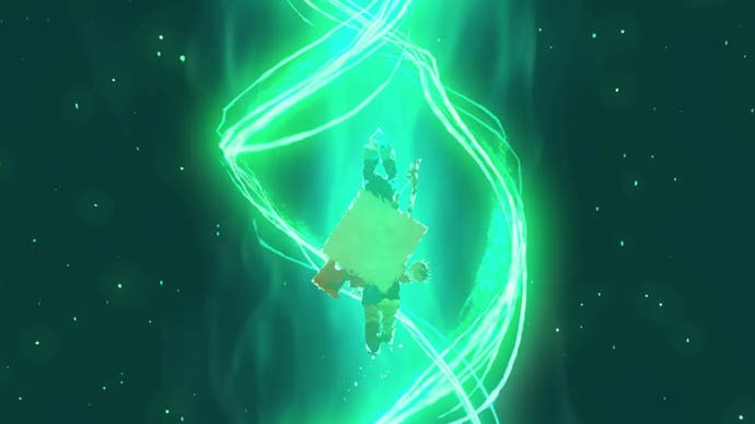 Link floating through the air with a green ray of light surrounding him, as the player uses the Ascend ability in The Legend of Zelda: Tears of the Kingdom.
