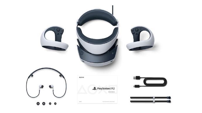 The PSVR2 system components laid out from the box.