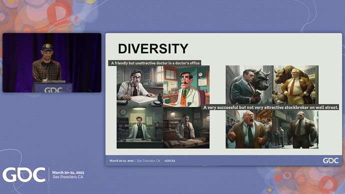 Screenshot of AI GDC talk by Ryan Duffin, showing Duffin on the left and his slide on the right of Midjourney prompt results for an unattractive doctor and a successful stockbroker