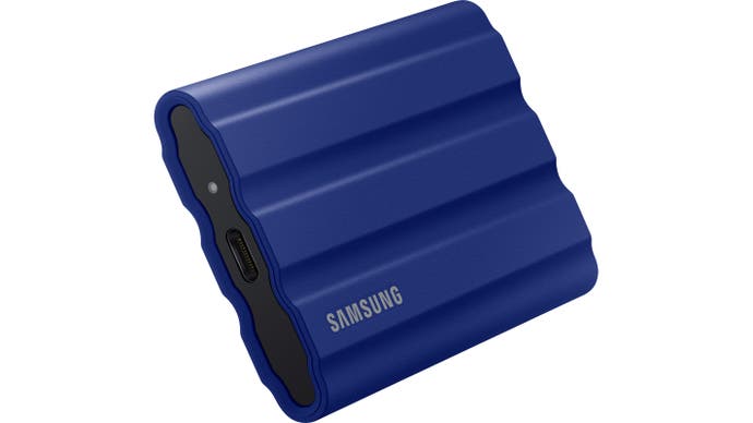 samsung t7 shield, a nvme ssd that connects via usb and has a thick armour