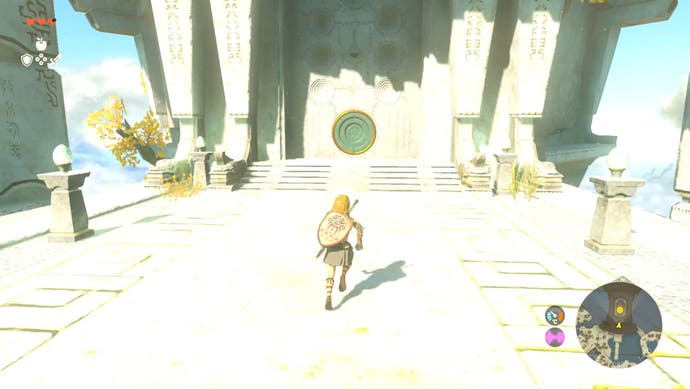 Link approaching the doors to the Temple of Time in The Legend of Zelda: Tears of the Kingdom.