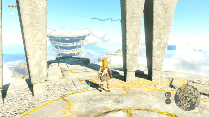 Link getting ready to dive from a platform located on the Great Sky Island in The Legend of Zelda: Tears of the Kingdom.