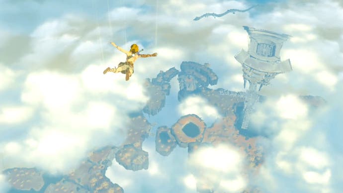 Link skydiving in The Legend of Zelda: Tears of the Kingdom with fluffy clouds and floating islands in the sky just beneath him.