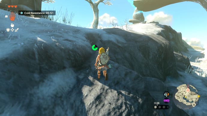 Image showing Link on a small set of rocks as the player approaches the Gutanbac Shrine in The Legend of Zelda: Tears of the Kingdom.
