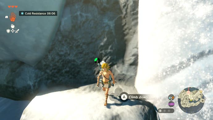 Image showing Link standing in a small, rocky spot where the player can take a break as they climb a cliff face next to a waterfall.