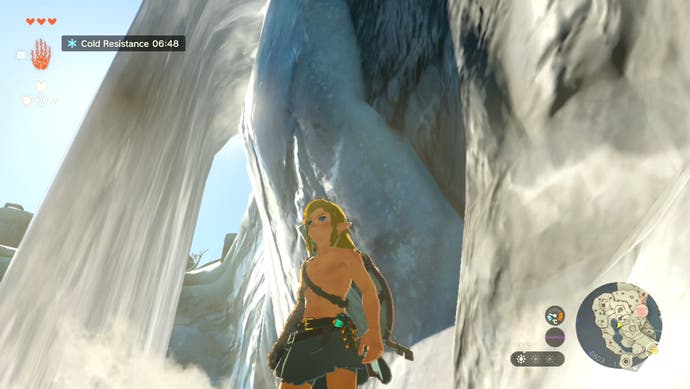 Image showing Link by a waterfall as the player heads to the Gutanbac Shrine in The Legend of Zelda: Tears of the Kingdom.