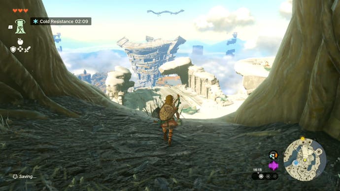 Link in The Legend of Zelda: Tears of the Kingdom with rocky regions located high above ground and misty clouds seen in the background.