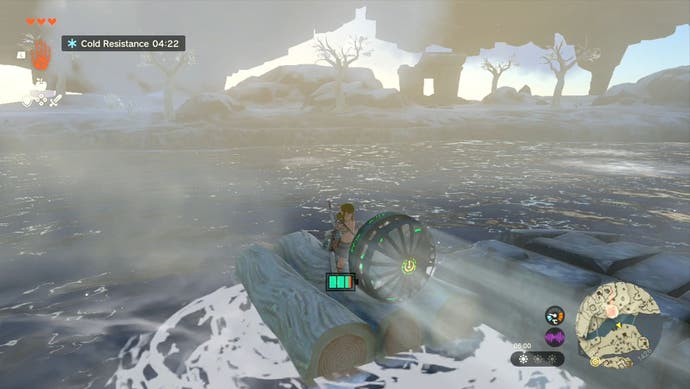 Image showing Link on a raft with the Fan activated as the player makes their way to the Gutanbac Shrine location in The Legend of Zelda: Tears of the Kingdom.