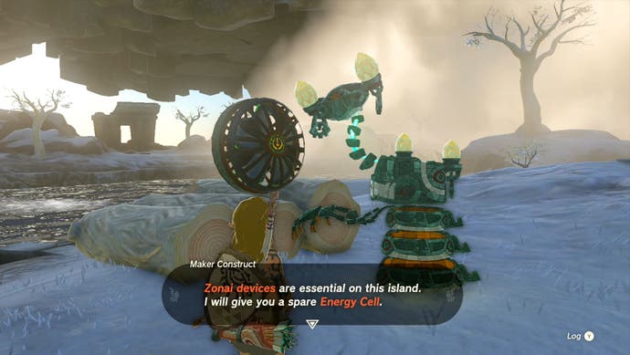 Image showing Link talking to the Maker Construct in The Legend of Zelda: Tears of the Kingdom as the player makes their way to the Gutanbac Shrine.