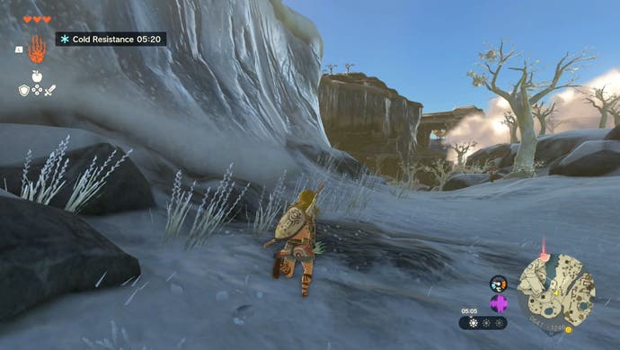 Image taken from The Legend of Zelda: Tears of the Kingdom showing Link in a snowy region as the player makes their way to the Gutanbac Shrine.