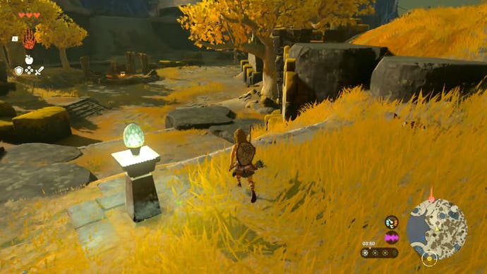 Image taken from The Legend of Zelda: Tears of the Kingdom showing Link overlooking a wooded area full of golden leaves and grass as the player heads to the Gutanbac Shrine location.