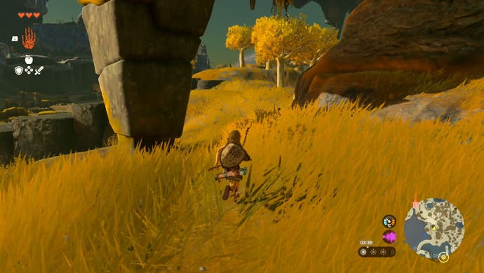 Image showing Link in an area full of tall grass as the player heads to the Gutanbac Shrine in The Legend of Zelda: Tears of the Kingdom.