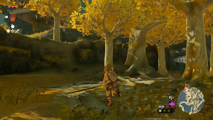 Image showing Link in a wooded area with golden leaves as the player heads to the Gutanbac Shrine in The Legend of Zelda: Tears of the Kingdom.