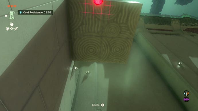 First-person view showing a platform above a player with a floating red orb and grid on it in The Legend of Zelda: Tears of the Kingdom.