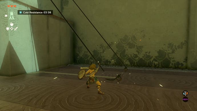 Link cutting the ropes on a platform located in the Gutanbac Shrine in The Legend of Zelda: Tears of the Kingdom.