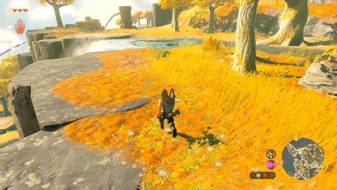 Link running across the top of a cliff covered in golden grass, and approaching a stream of water that becomes a waterfall.