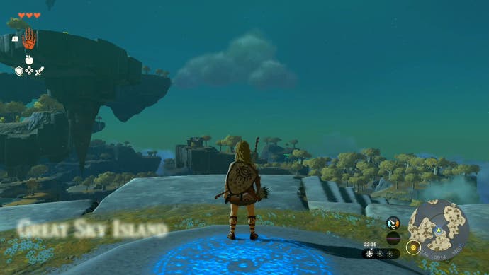 Link at the Great Sky Island during night-time in The Legend of Zelda: Tears of the Kingdom.
