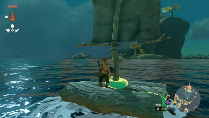 Link sailing on a raft towards the In-Isa Shrine in The Legend of Zelda: Tears of the Kingdom.